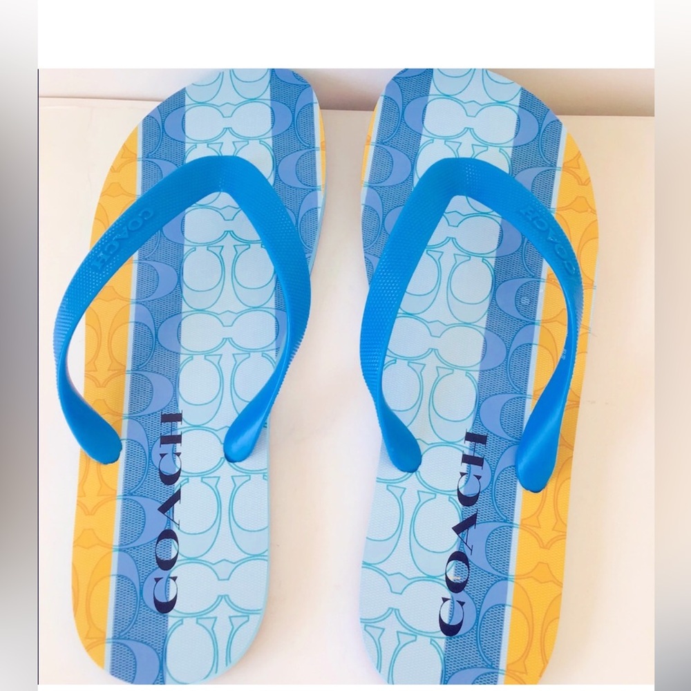 Coach NEW Zak Signature Vibrant Blue and Yellow Flip Flops Sandals-NWT InPackage - Picture 10 of 12